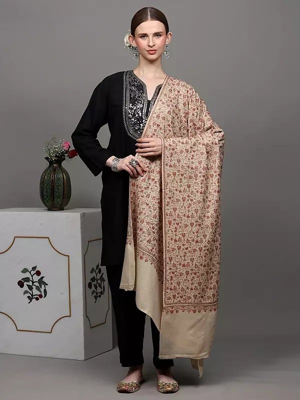 Exotic India Whitecap-Gray Pure Pashmina Shawl With Sozni Hand-Embroidered Leaf Vines In Multicolor Thread 