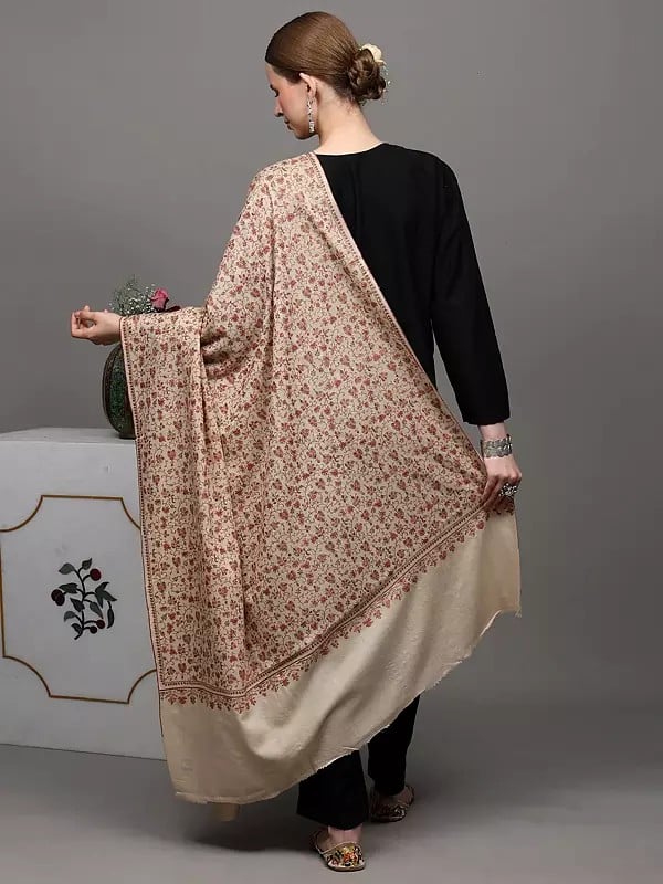 Exotic India Whitecap-Gray Pure Pashmina Shawl With Sozni Hand-Embroidered Leaf Vines In Multicolor Thread 
