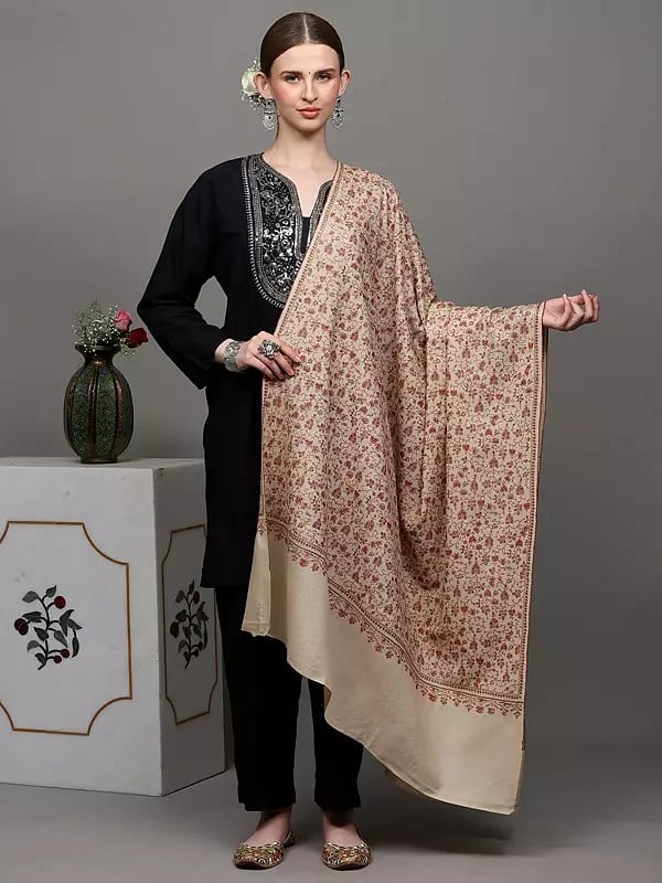 exotic india Whitecap-Gray Pure Pashmina Shawl with Sozni Hand-Embroidered Leaf Vines in Multicolor Thread 