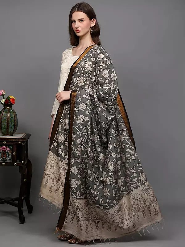 Exotic India Wild-Dove Floral Vine Printed Kalamkari Dupatta With Woven Border In Golden Thread From Telangana 
