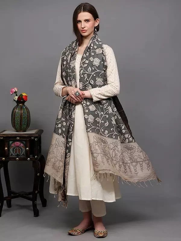 Exotic India Wild-Dove Floral Vine Printed Kalamkari Dupatta With Woven Border In Golden Thread From Telangana 