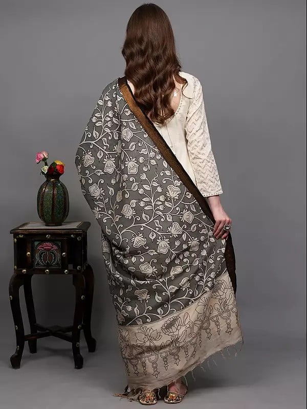 Exotic India Wild-Dove Floral Vine Printed Kalamkari Dupatta With Woven Border In Golden Thread From Telangana 