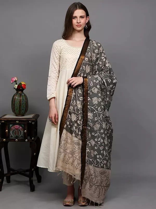 exotic india Wild-Dove Floral Vine Printed Kalamkari Dupatta with Woven Border in Golden Thread from Telangana 