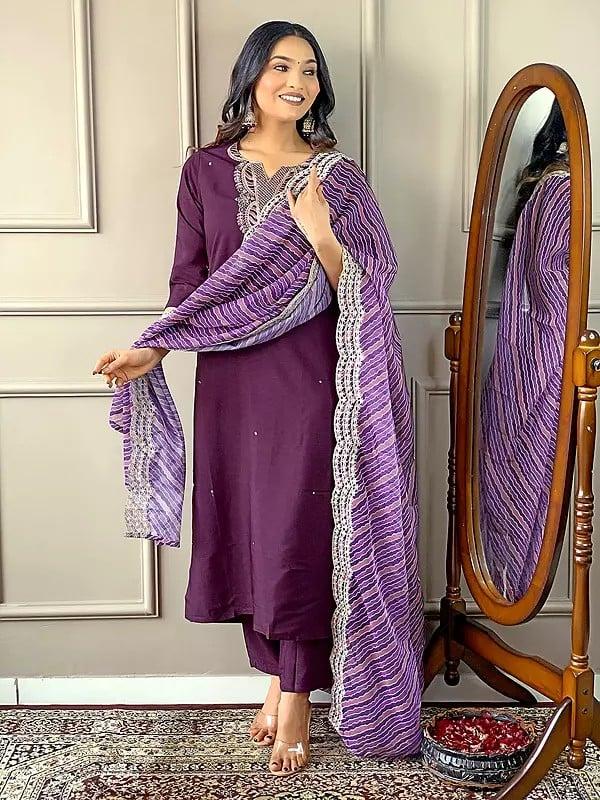 Exotic India Wine-Berry Embroidery Work Stunning Party Wear Viscose Silk Kurta Set With Striped Dupatta 