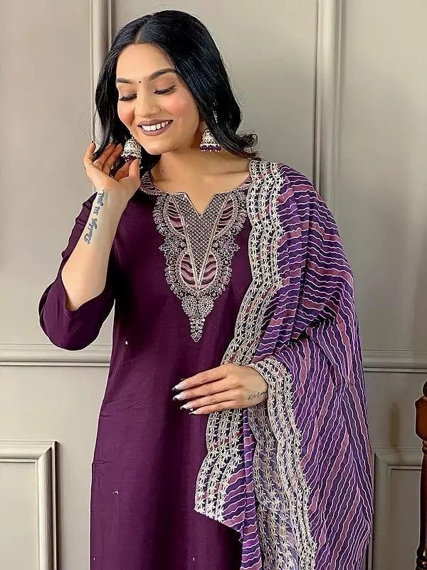 Exotic India Wine-Berry Embroidery Work Stunning Party Wear Viscose Silk Kurta Set With Striped Dupatta 