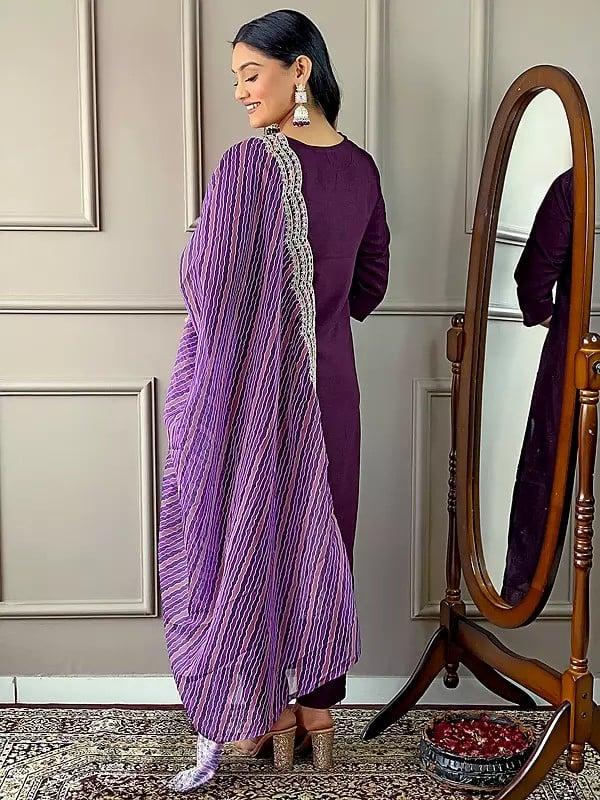 Exotic India Wine-Berry Embroidery Work Stunning Party Wear Viscose Silk Kurta Set With Striped Dupatta 