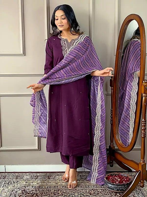 exotic india Wine-Berry Embroidery Work Stunning Party Wear Viscose Silk Kurta Set With Striped Dupatta 