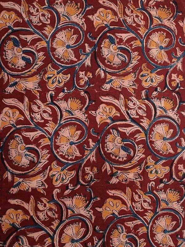 Exotic India Wine-Red Pure Cotton Kalamkari Block Printed Fabric 