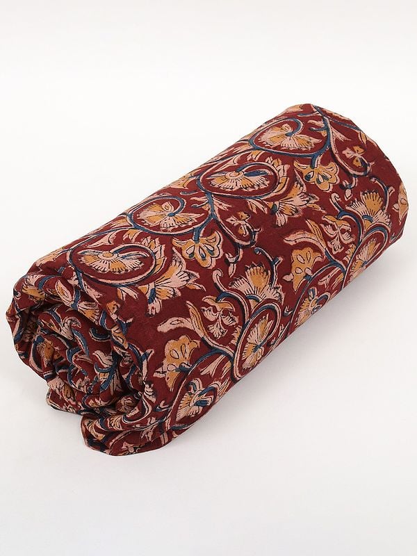 Exotic India Wine-Red Pure Cotton Kalamkari Block Printed Fabric 