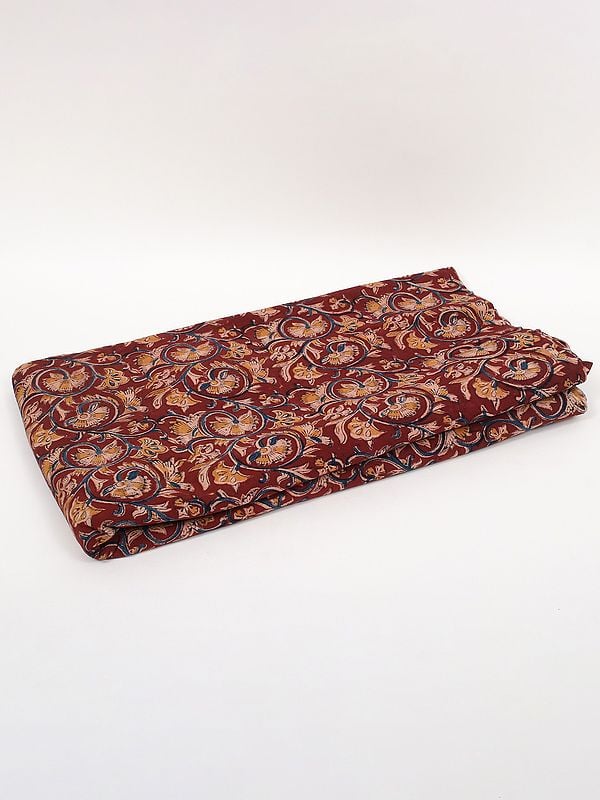 exotic india Wine-Red Pure Cotton Kalamkari Block Printed Fabric 
