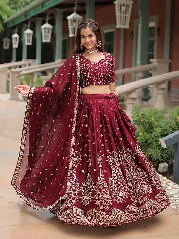 Exotic India Wine-Red Rangoli Silk Heavy Sequins And Thread Embroidery Work Attractive Lehenga Choli With Dupatta 