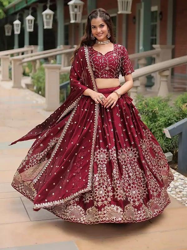 Exotic India Wine-Red Rangoli Silk Heavy Sequins And Thread Embroidery Work Attractive Lehenga Choli With Dupatta 