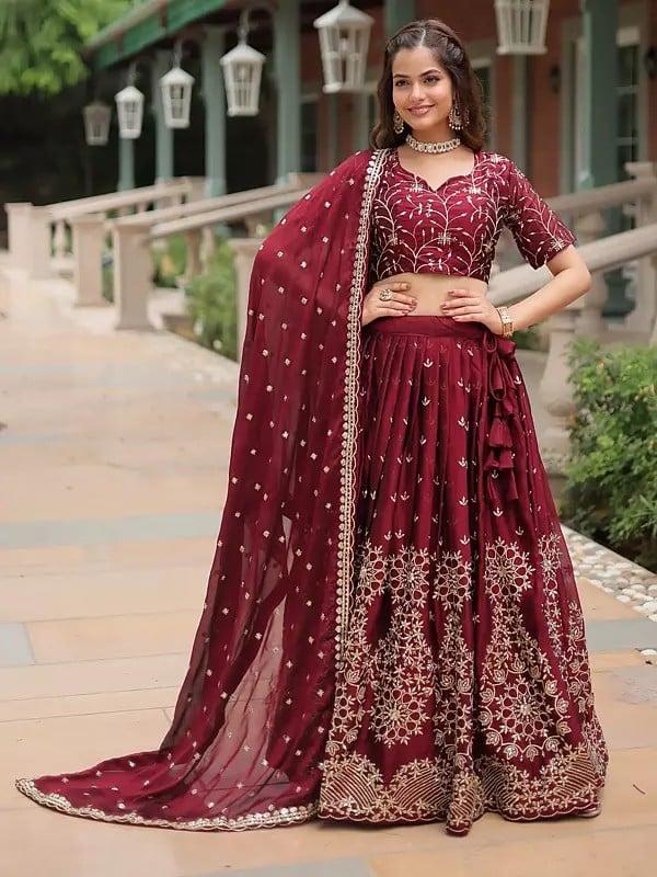 exotic india Wine-Red Rangoli Silk Heavy Sequins And Thread Embroidery Work Attractive Lehenga Choli With Dupatta 