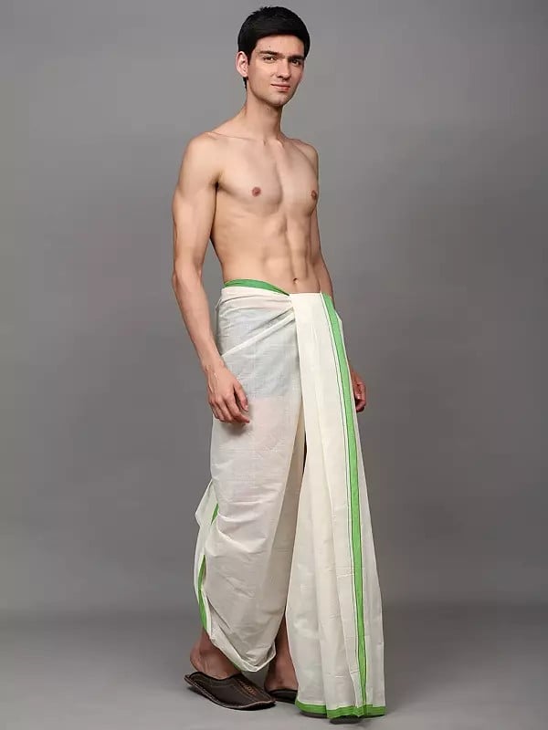 Exotic India Winter-White Plain Drape Dhoti With Striped Border 