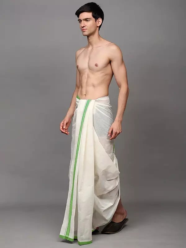 Exotic India Winter-White Plain Drape Dhoti With Striped Border 
