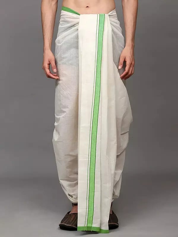 Exotic India Winter-White Plain Drape Dhoti With Striped Border 