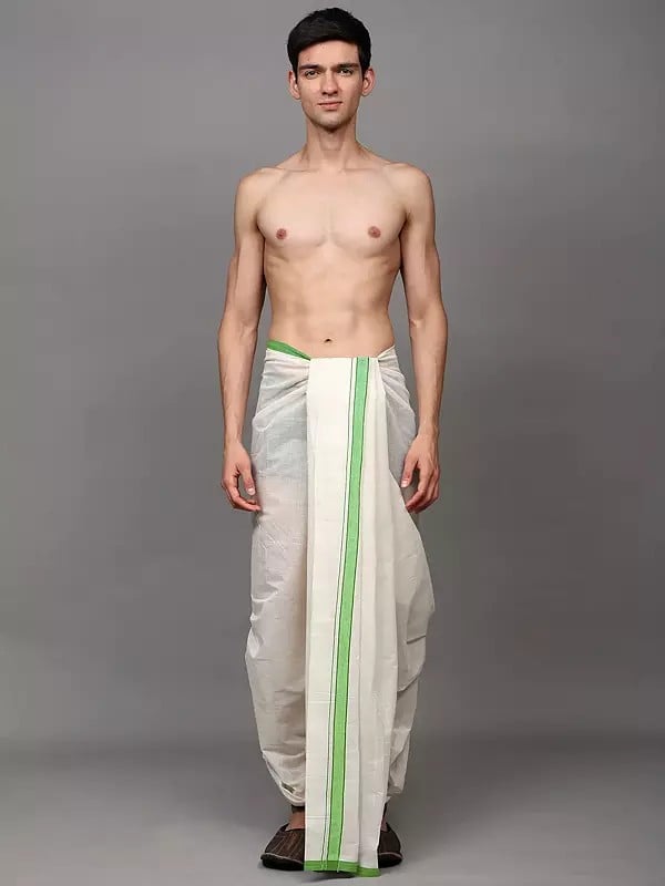 exotic india Winter-White Plain Drape Dhoti with Striped Border 