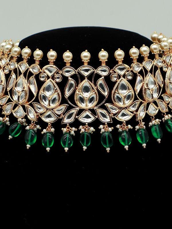 Exotic India Women Choker Set With Earrings And Pearl Drop Beads