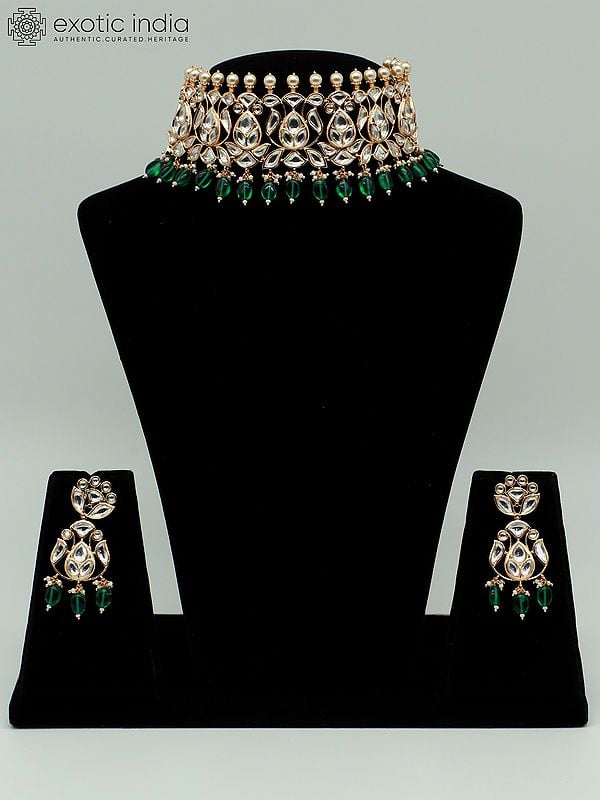 exotic india Women Choker Set With Earrings And Pearl Drop Beads 