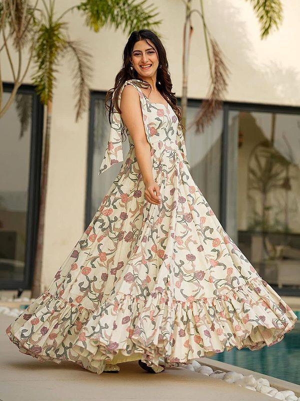 Exotic India Women's Off-White Floral Print Heavy Rayon Elegant Gown For Casual Occasion 