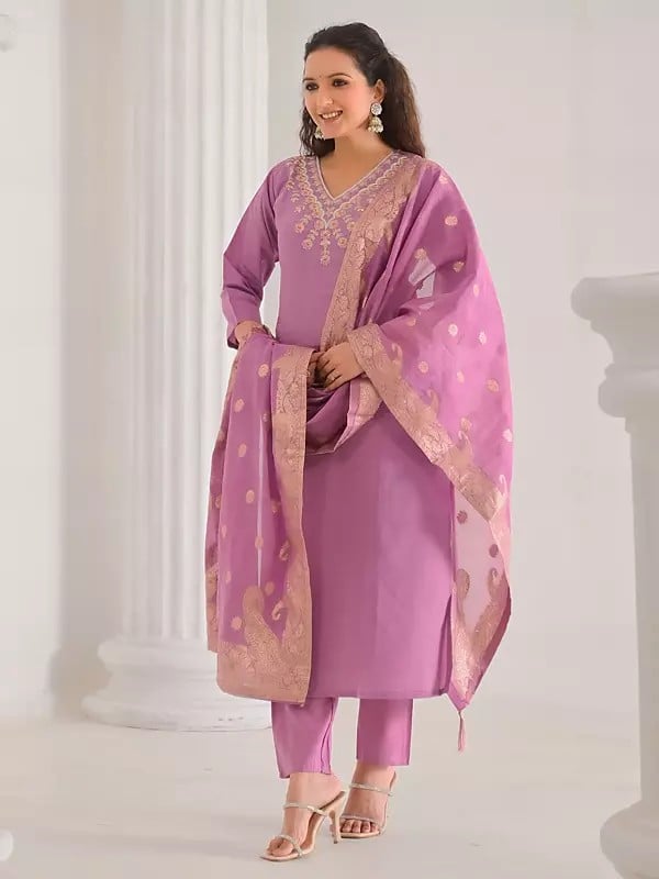 Exotic India Women's Thread Embroidery A-Line Viscose Chanderi Kurta Set With Matching Dupatta