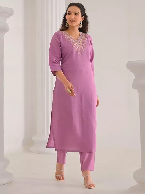 Exotic India Women's Thread Embroidery A-Line Viscose Chanderi Kurta Set With Matching Dupatta