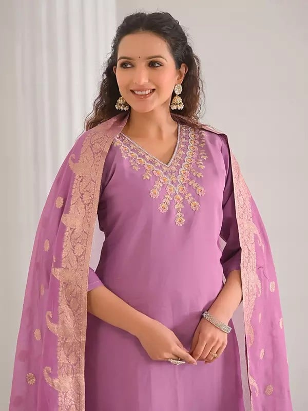 Exotic India Women's Thread Embroidery A-Line Viscose Chanderi Kurta Set With Matching Dupatta