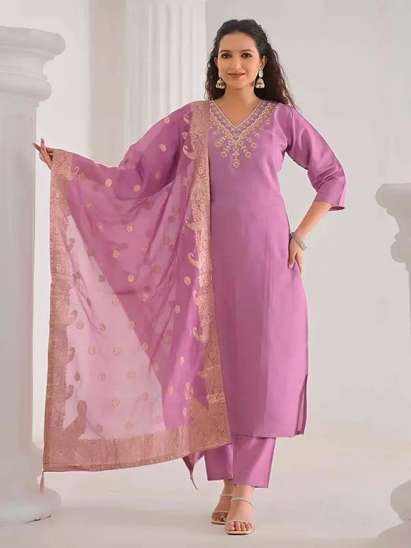exotic india Women's Thread Embroidery A-Line Viscose Chanderi Kurta Set With Matching Dupatta 