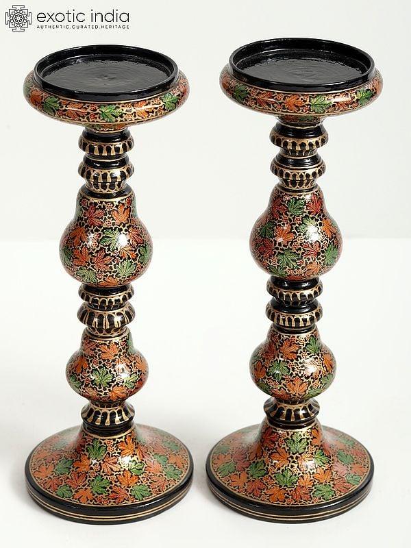 Exotic India Wood Based Papier Mache Floral Candle Stand - Set Of 2 | Hand-Painted 