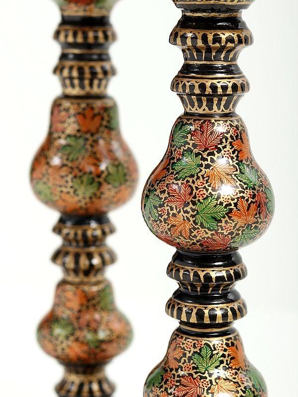 Exotic India Wood Based Papier Mache Floral Candle Stand - Set Of 2 | Hand-Painted 