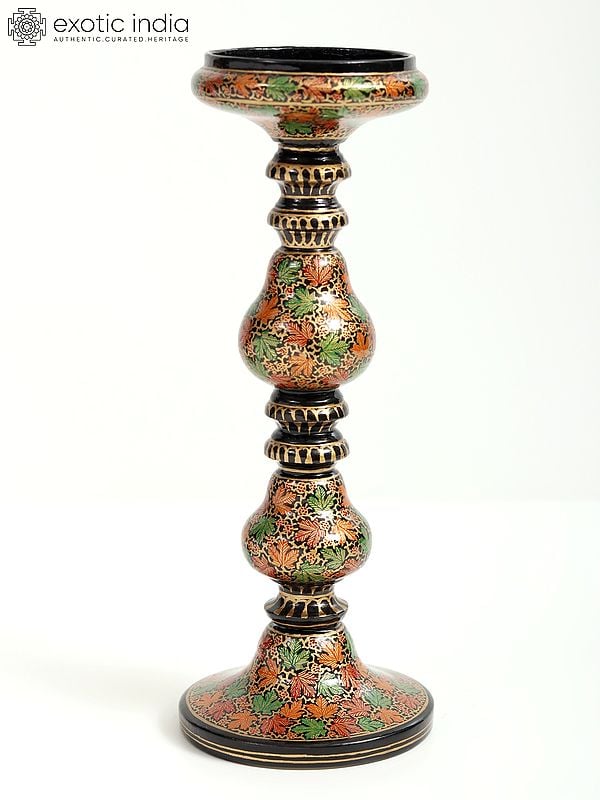 Exotic India Wood Based Papier Mache Floral Candle Stand - Set Of 2 | Hand-Painted 