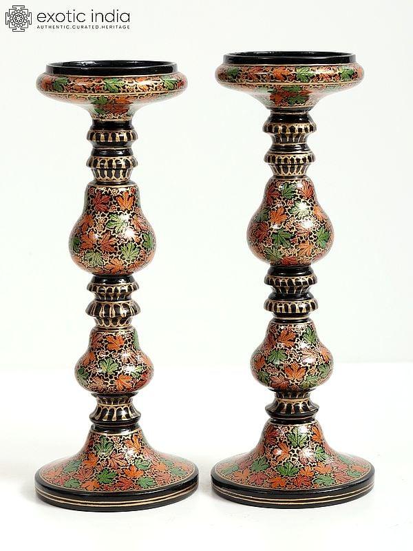 exotic india Wood Based Papier Mache Floral Candle Stand - Set Of 2 | Hand-Painted 
