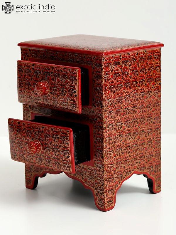 Exotic India Wood Based Papier Mache Floral Chest Of 2 Drawers With Superfine Work | Hand-Painted 