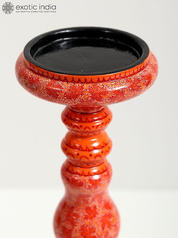 Exotic India Wood Based Papier Mache Red Floral Candle Stand | Hand Painted 