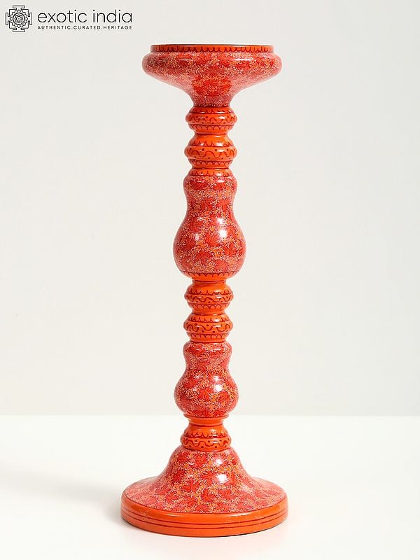 exotic india Wood Based Papier Mache Red Floral Candle Stand | Hand Painted 