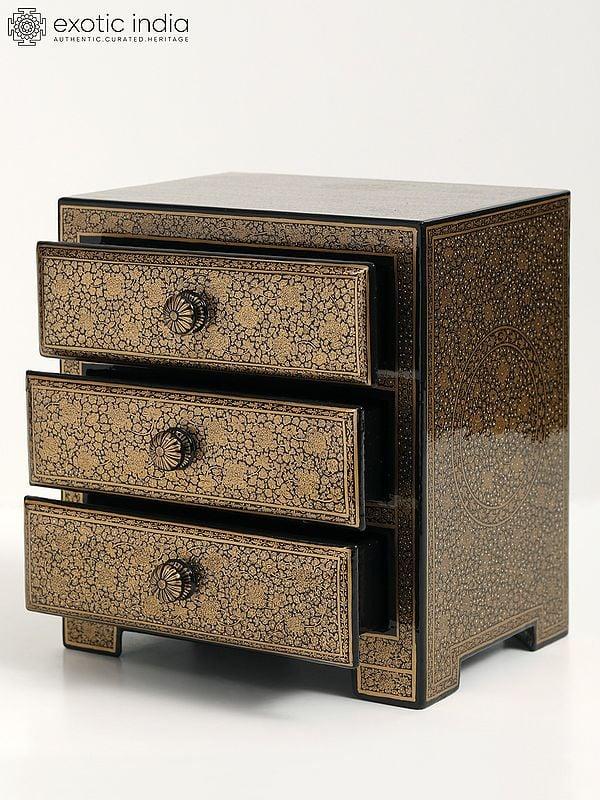 Exotic India Wood Based Papier Mache Superfine Chest Of 3 Drawers | Hand Painted 
