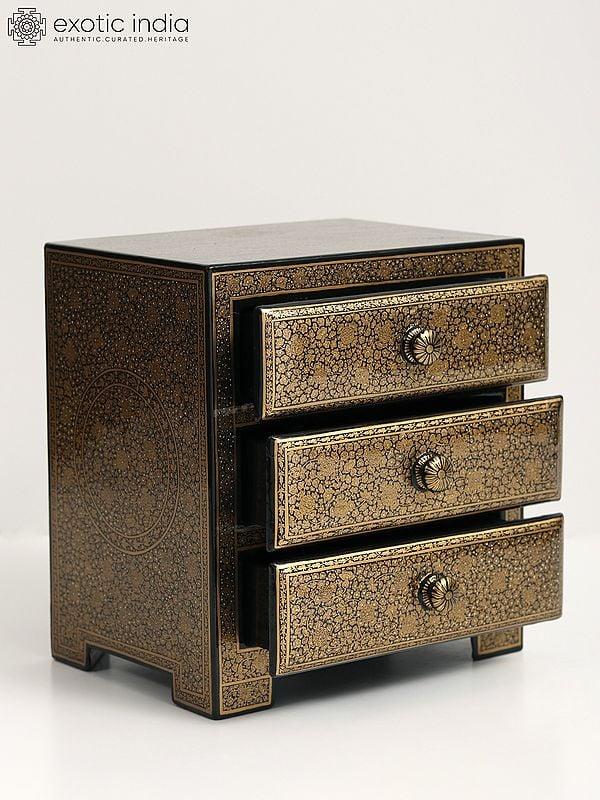 Exotic India Wood Based Papier Mache Superfine Chest Of 3 Drawers | Hand Painted 