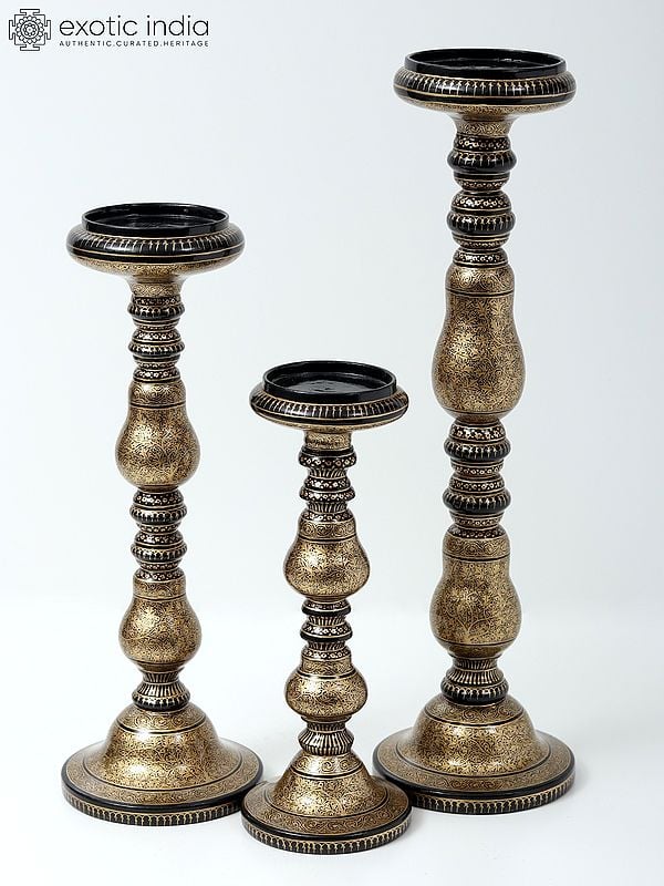 Exotic India Wood Based Superfine Papier Mache Candle Stand (Set Of 3)