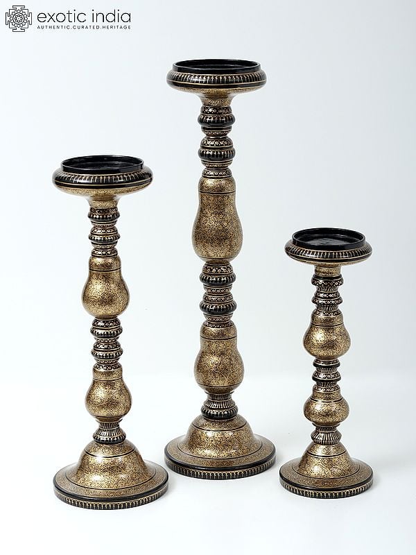 exotic india Wood Based Superfine Papier Mache Candle Stand (Set of 3)