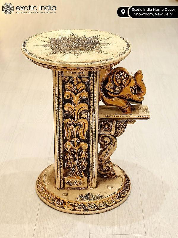 Exotic India Wood Carved Elephant Design Pedestal | Home Decor