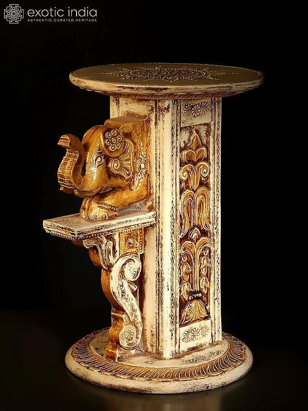 Exotic India Wood Carved Elephant Design Pedestal | Home Decor