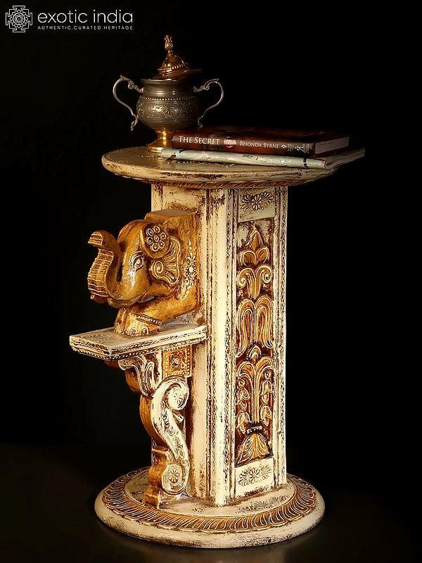 exotic india Wood Carved Elephant Design Pedestal | Home Decor 