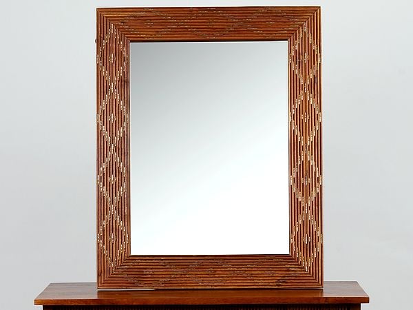 Exotic India Wooden Set Of Double Door Cabinet And Corrugated Framed Wall Hanging Mirror