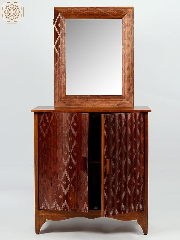 Exotic India Wooden Set Of Double Door Cabinet And Corrugated Framed Wall Hanging Mirror