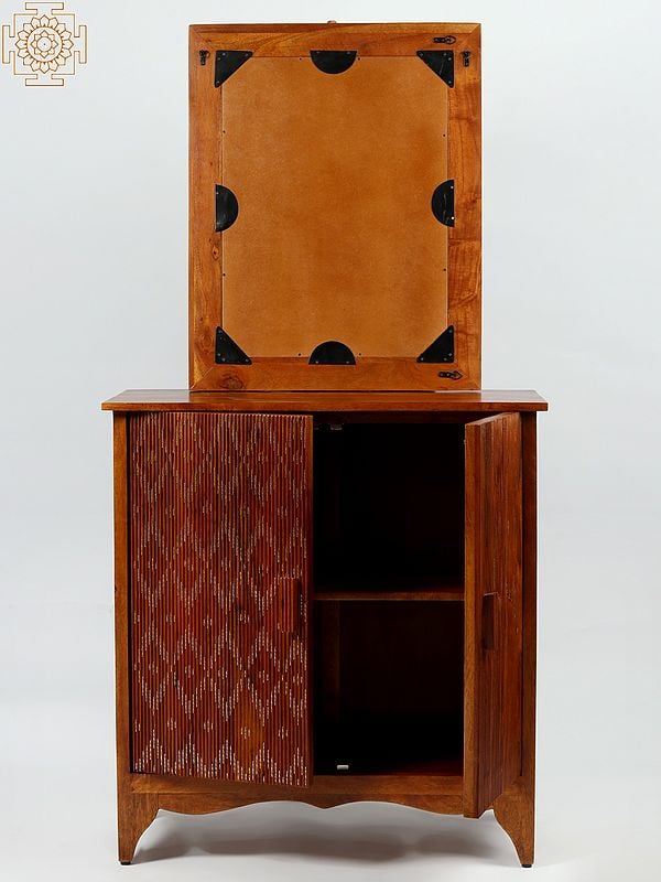 Exotic India Wooden Set Of Double Door Cabinet And Corrugated Framed Wall Hanging Mirror