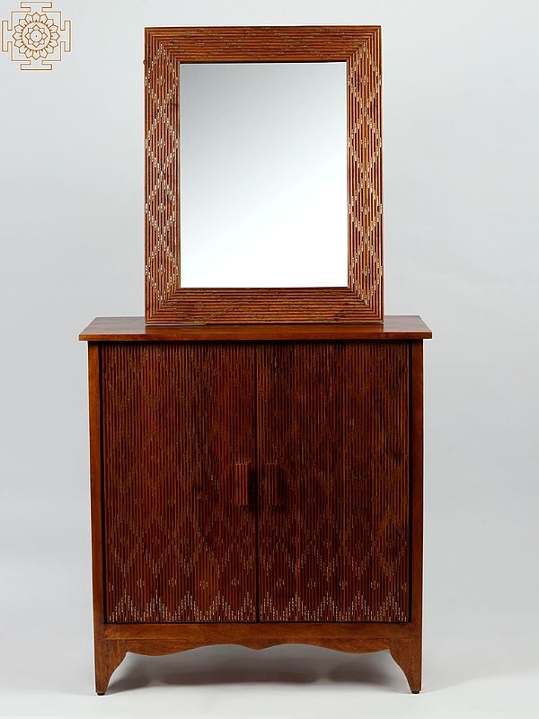 exotic india Wooden Set of Double Door Cabinet and Corrugated Framed Wall Hanging Mirror 