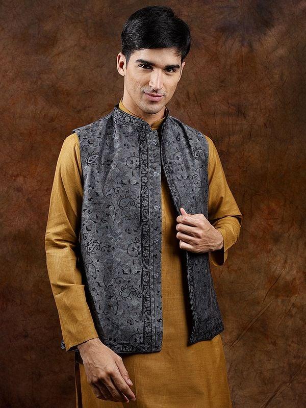 Exotic India Wool Jamawar Kani Waistcoat With Paiselys Jaal Weave 