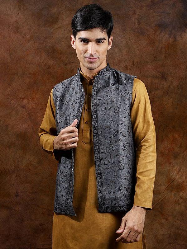 Exotic India Wool Jamawar Kani Waistcoat With Paiselys Jaal Weave 