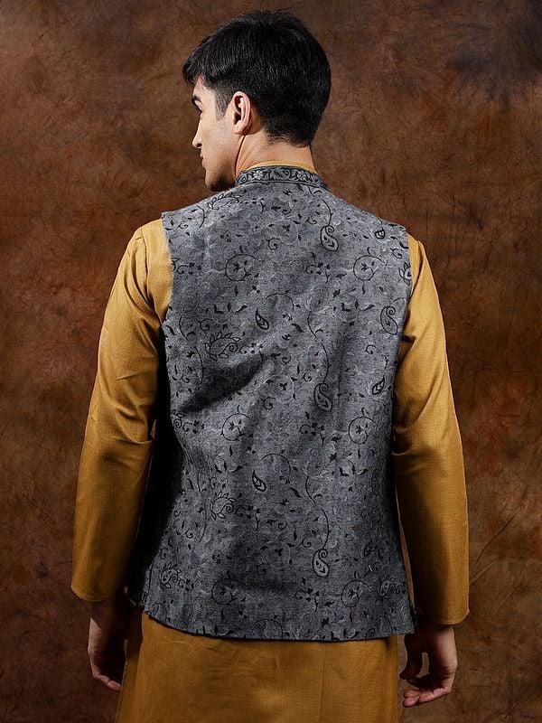 Exotic India Wool Jamawar Kani Waistcoat With Paiselys Jaal Weave 