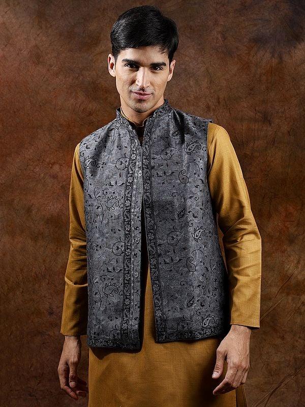 exotic india Wool Jamawar Kani Waistcoat with Paiselys Jaal Weave 